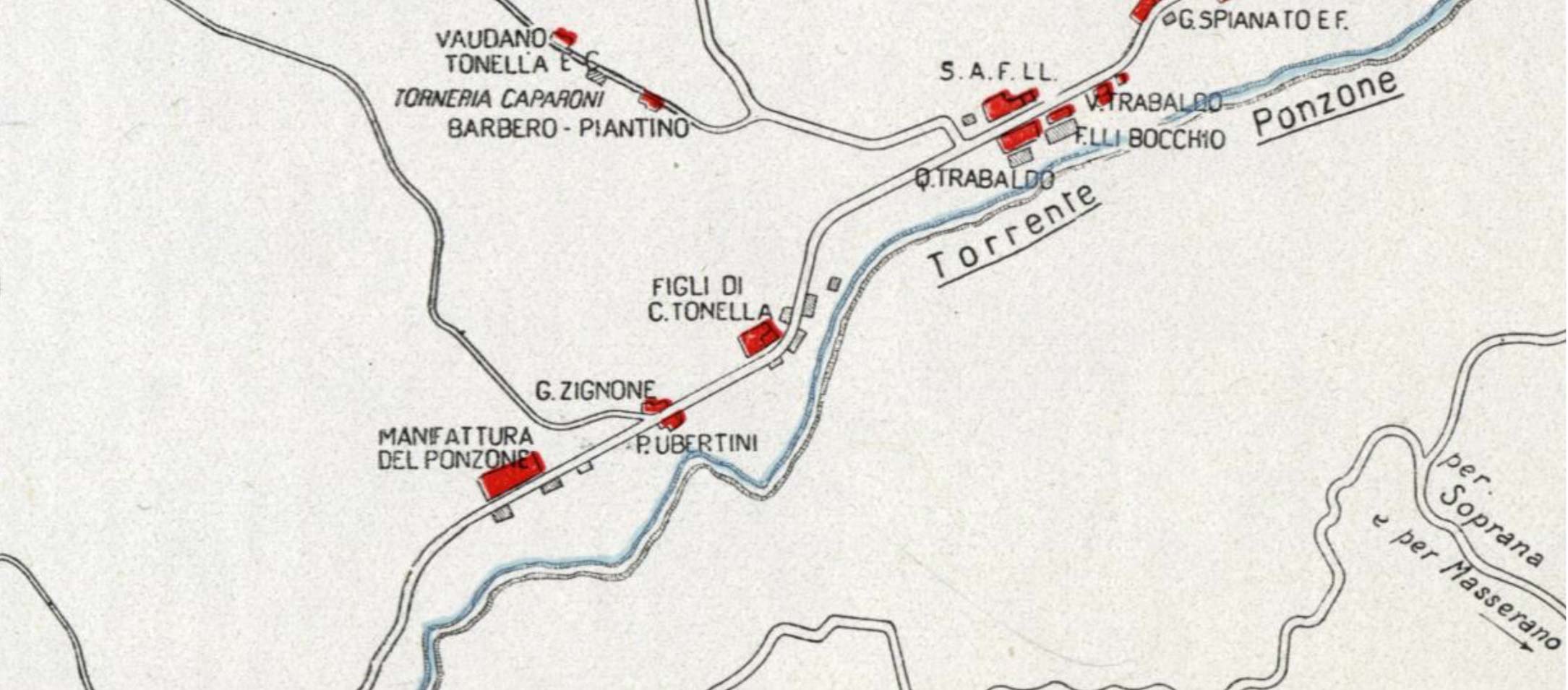 Photo représentant une carte des établissements à proximité du torrent Ponzone, tirée de l'“Annuario della Laniera” de 1934.
